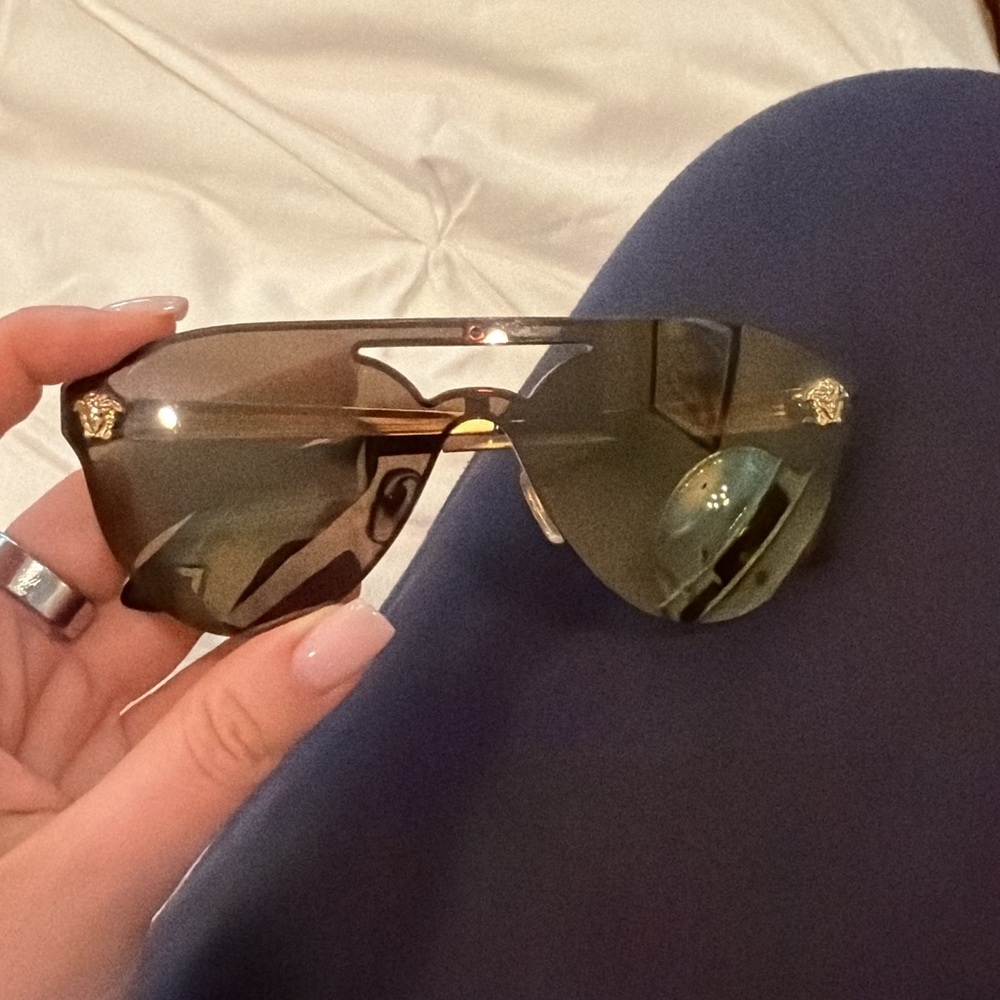 Versace Bronze Gold Mirrored Medusa Head Shield Aviator Sunglasses